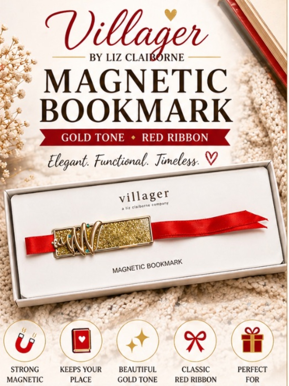 Villager Gold-Tone Magnetic Bookmark with Red Ribbon Accent